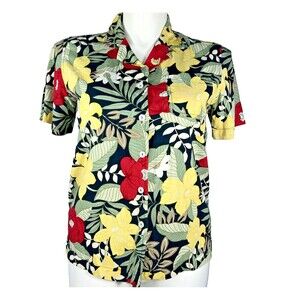 ERIKA Top MED Red Yellow Bright Hawaiian Floral‎ Button Short Sl Travel Casual